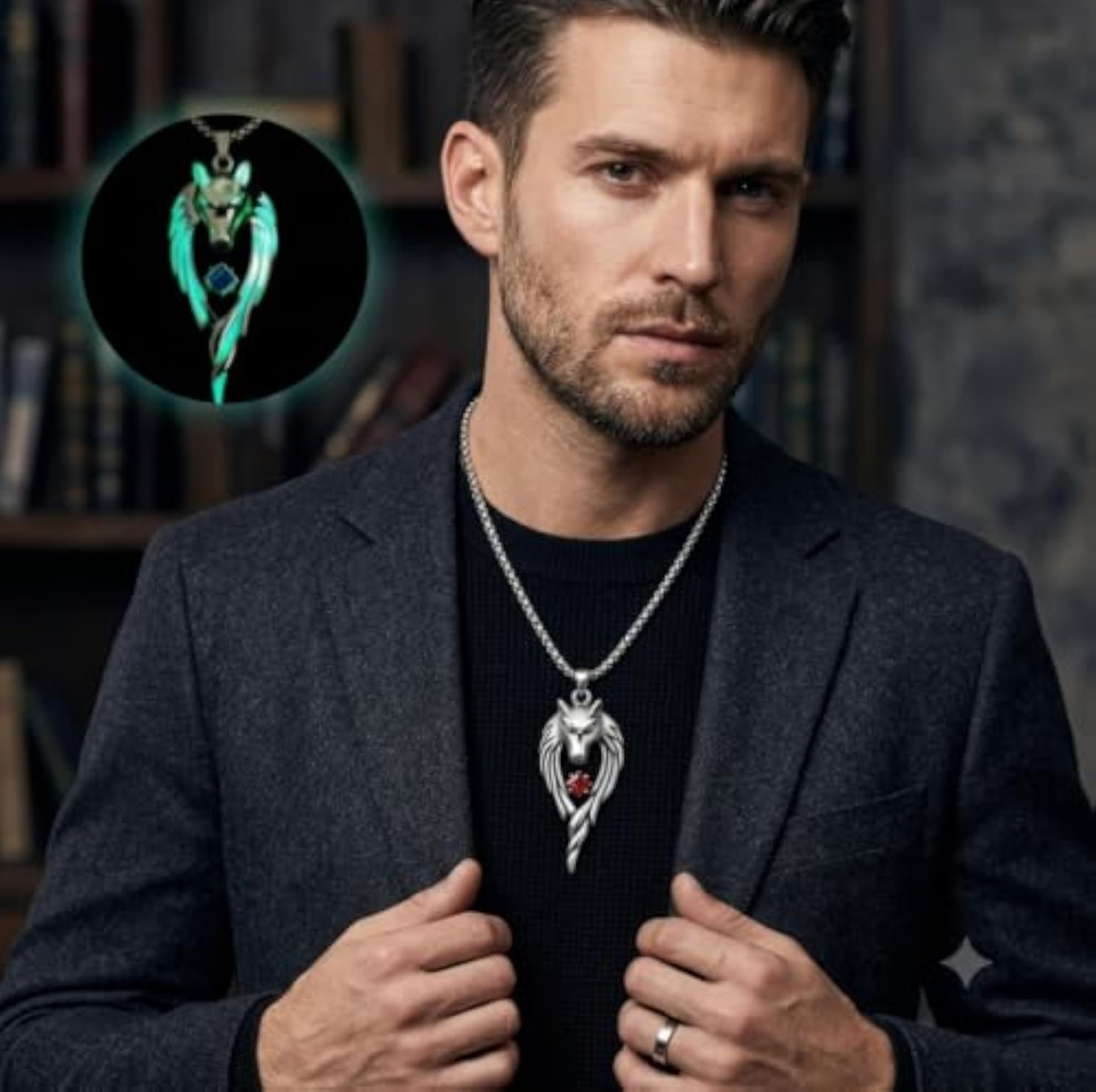Wolf Head Design Pendant Necklace, Glow in the Dark